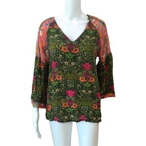 Benares Womens Size Smal Multicolor Floral Flare Long Sleeve Tops Blouse.